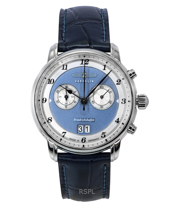 Zeppelin Friedrichshafen Chronograph nahkahihna sininen kellotaulu kvartsi 85843 miesten kello