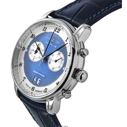 Zeppelin Friedrichshafen Chronograph nahkahihna sininen kellotaulu kvartsi 85843 miesten kello