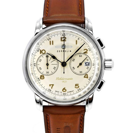 Zeppelin Mediterranee Chronograph nahkaranneke beige kellotaulu kvartsi 96705 miesten kello