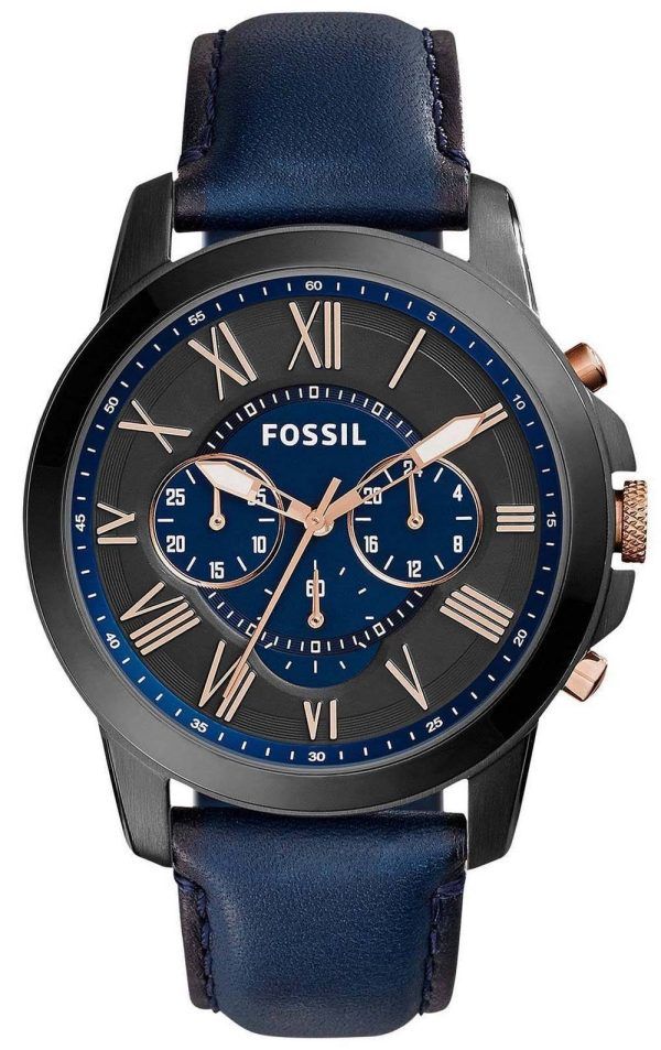 Fossil Grant Chronograph musta ja sininen kellotaulu sininen nahka FS5061 miesten kello