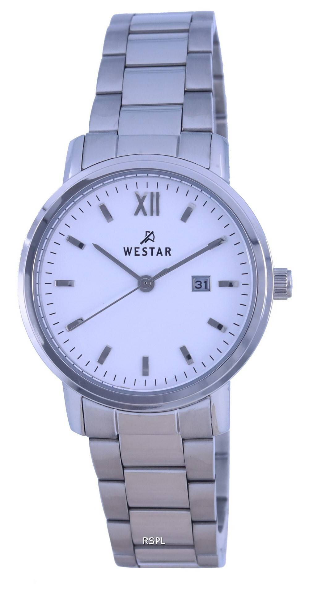 Westar valkoinen kellotaulu ruostumattomasta terÃ¤ksestÃ¤ valmistettu kvartsi 50243 STN 101 miesten kello