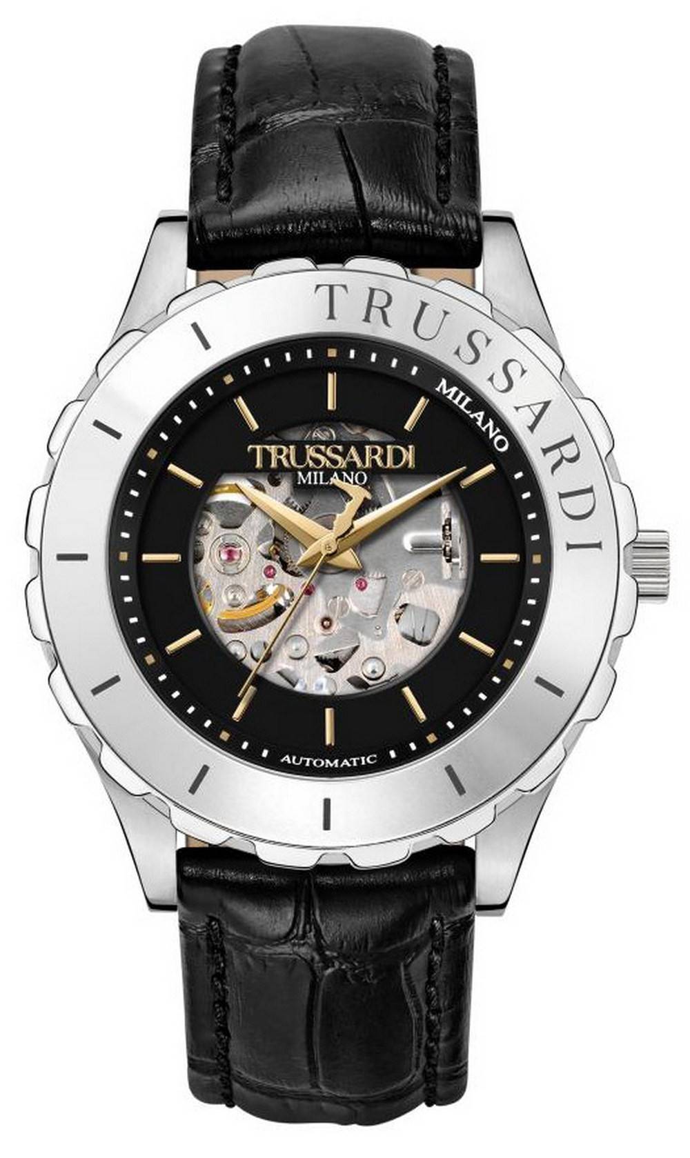 Trussardi T-Logo puoliluuranko musta kellotaulu nahkahihna automaattinen R2421143002 miesten kello