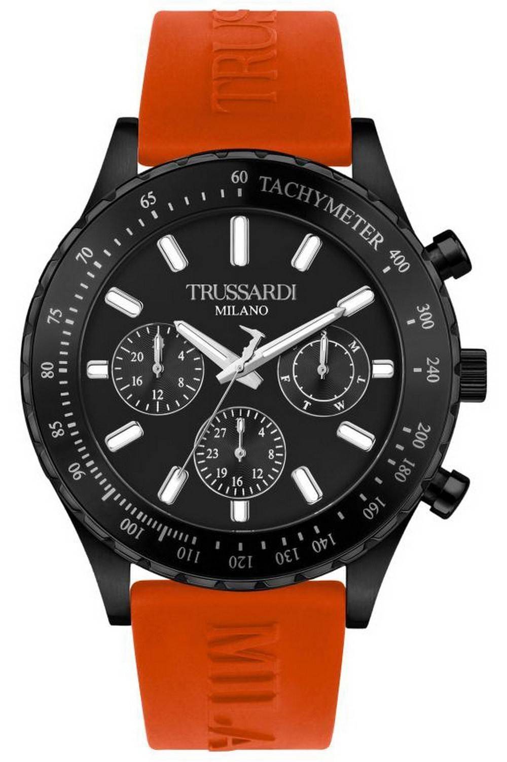 Trussardi T-Logo Tachymeter musta kellotaulu silikonihihna kvartsi R2451148003 miesten kello
