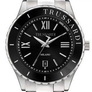Trussardi T-Logo musta kellotaulu ruostumattomasta teräksestä kvartsi R2453143010 miesten kello