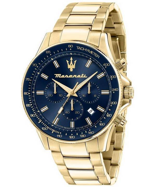 Maserati Sfida Chronograph kultasävyinen ruostumaton teräs sininen kellotaulu kvartsi R8873640008 100M miesten kello